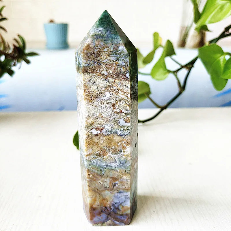 Big Natural Moss Agate Crystal Tower