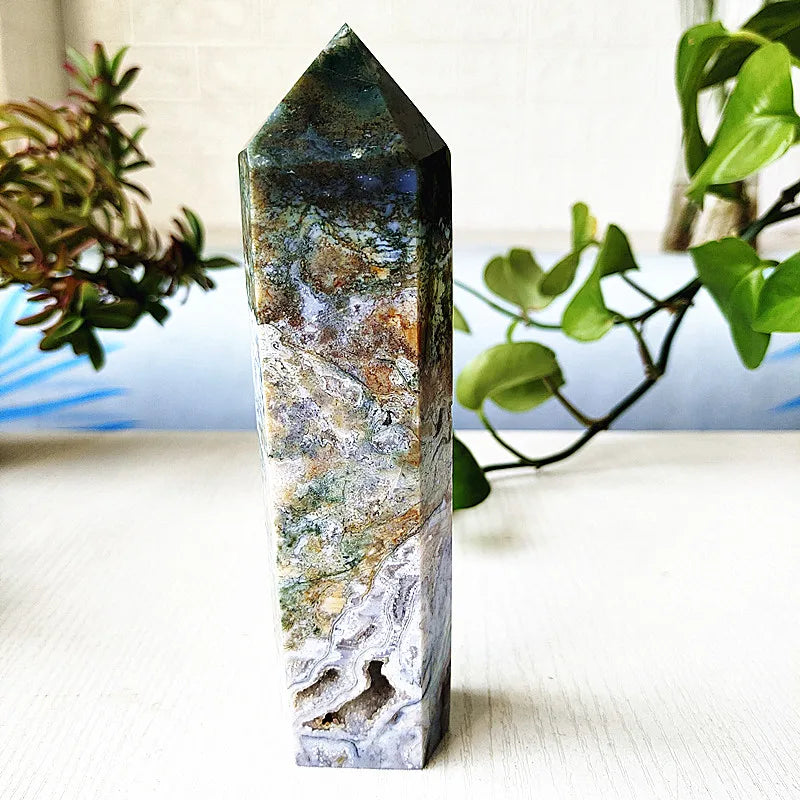 Big Natural Moss Agate Crystal Tower