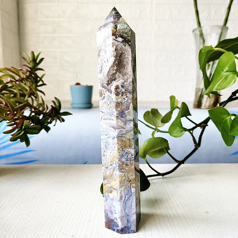 Big Natural Moss Agate Crystal Tower