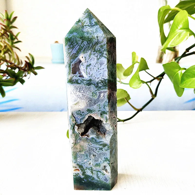 Big Natural Moss Agate Crystal Tower