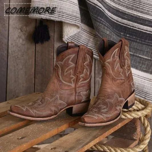 Embroidery Leather Cowboy Ankle Boots