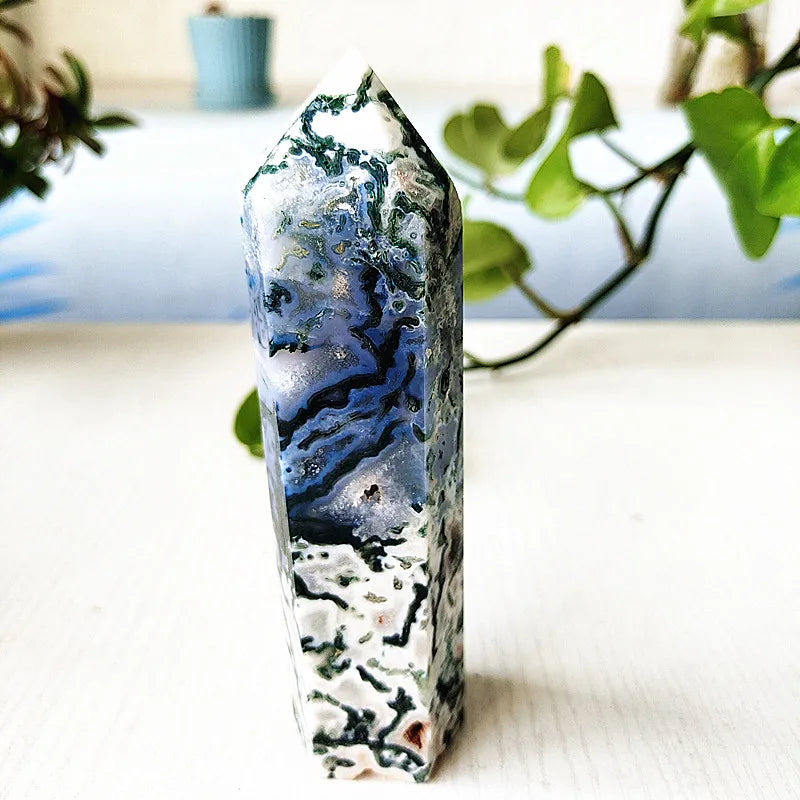 Big Natural Moss Agate Crystal Tower