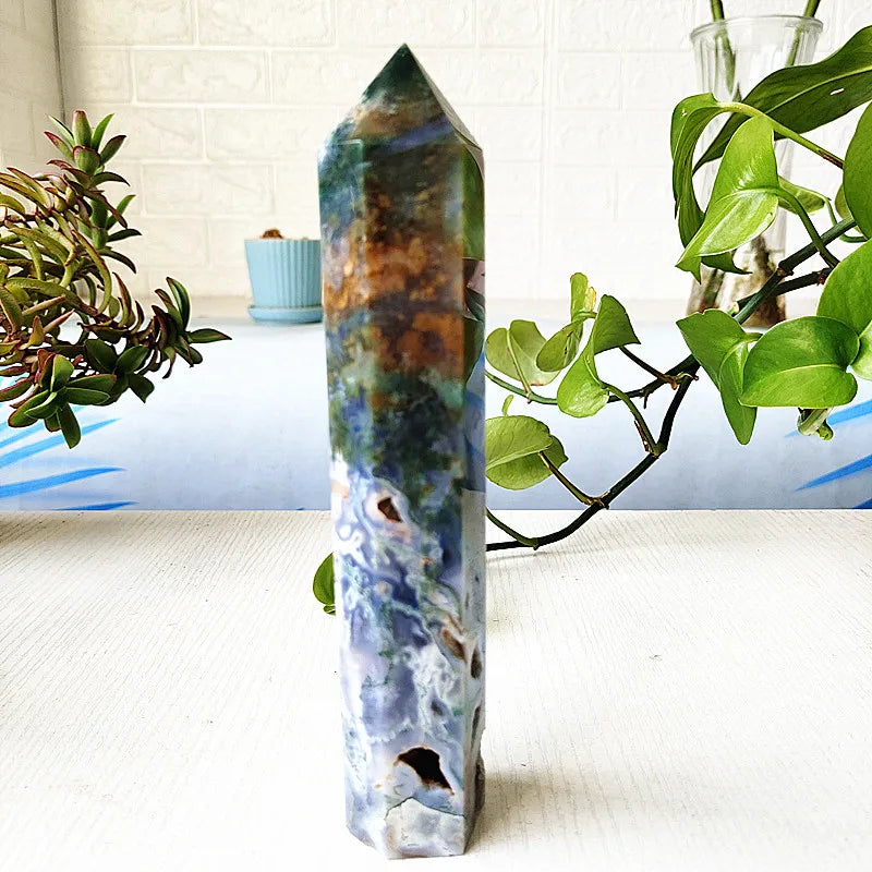 Big Natural Moss Agate Crystal Tower