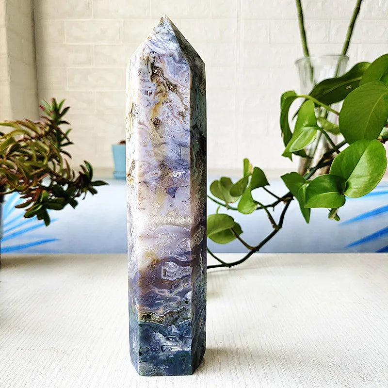 Big Natural Moss Agate Crystal Tower