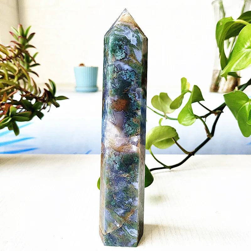 Big Natural Moss Agate Crystal Tower