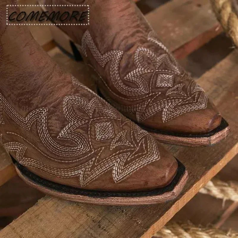Embroidery Leather Cowboy Ankle Boots
