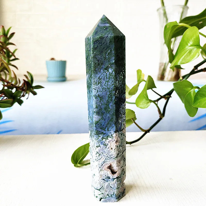 Big Natural Moss Agate Crystal Tower