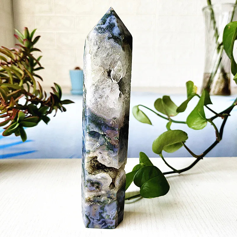 Big Natural Moss Agate Crystal Tower