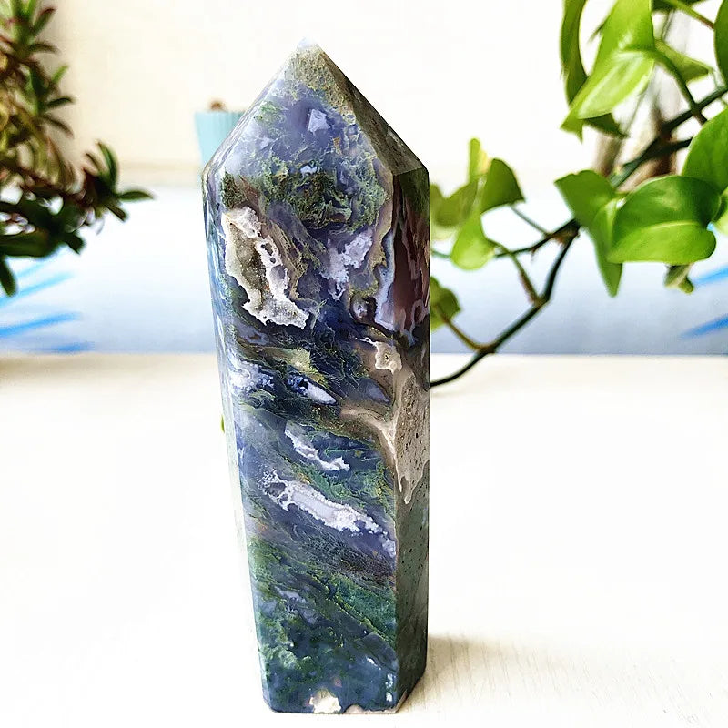 Big Natural Moss Agate Crystal Tower