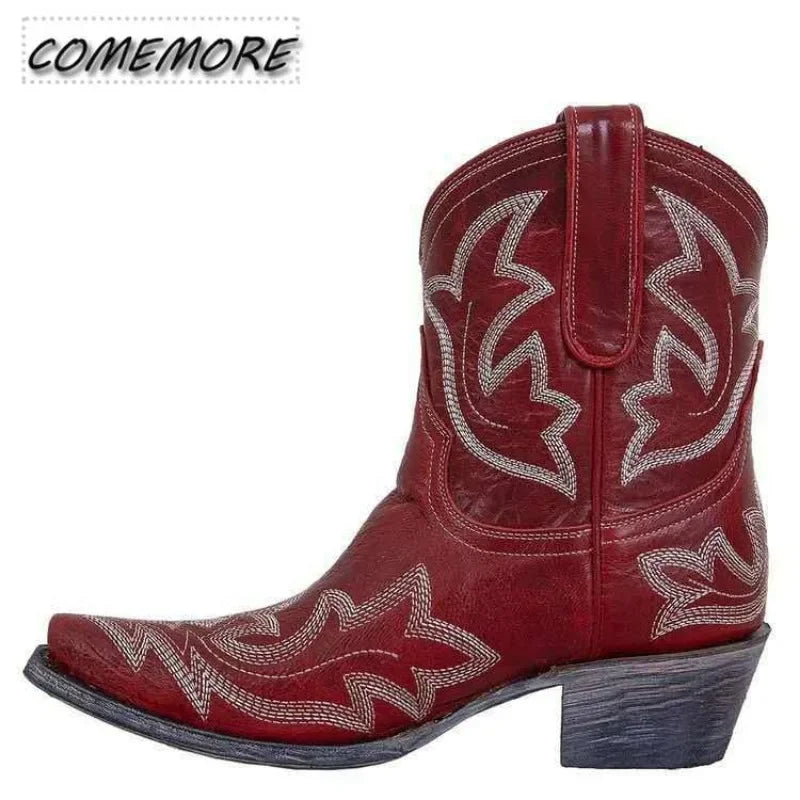 Embroidery Leather Cowboy Ankle Boots
