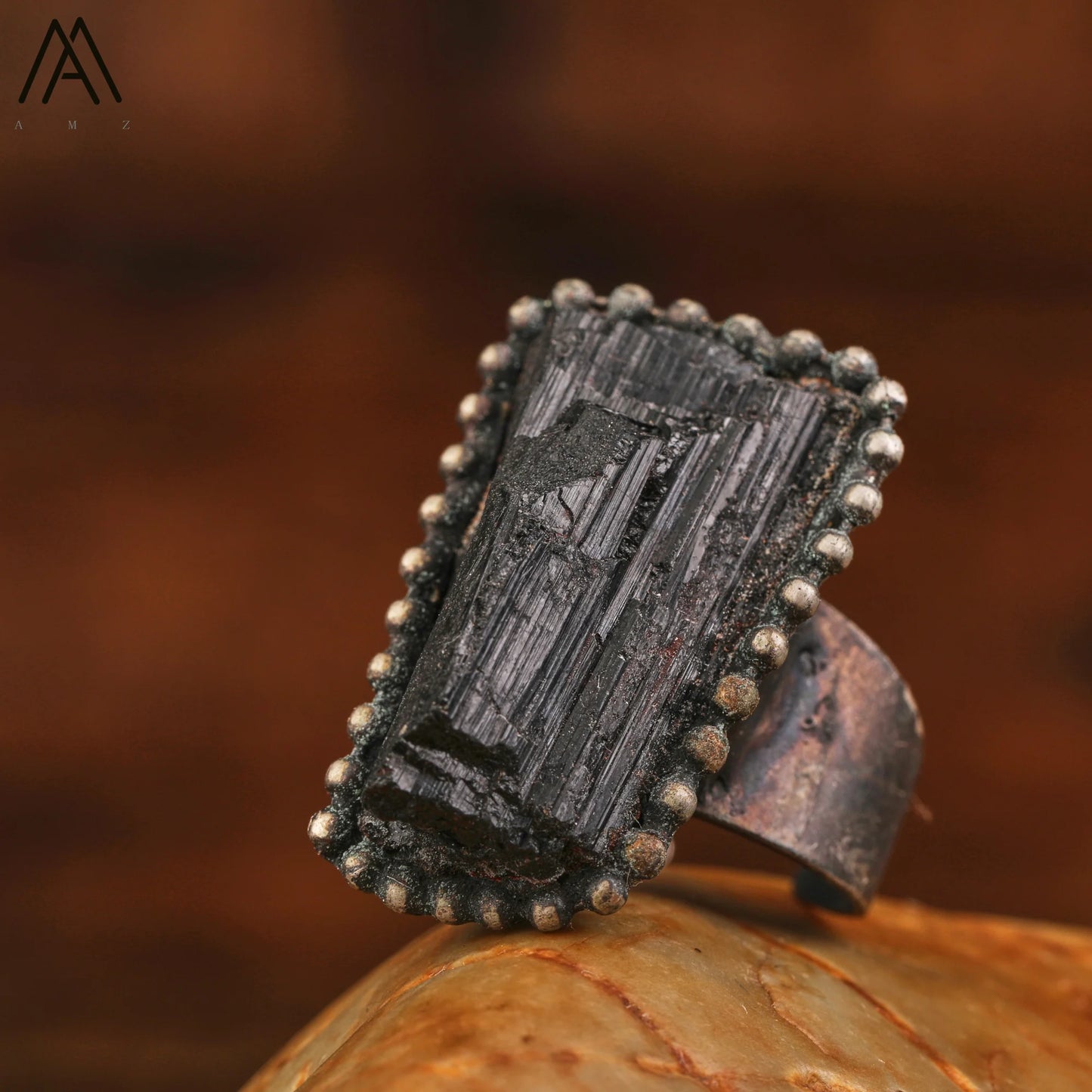Raw Black Tourmaline Antique Copper Rings