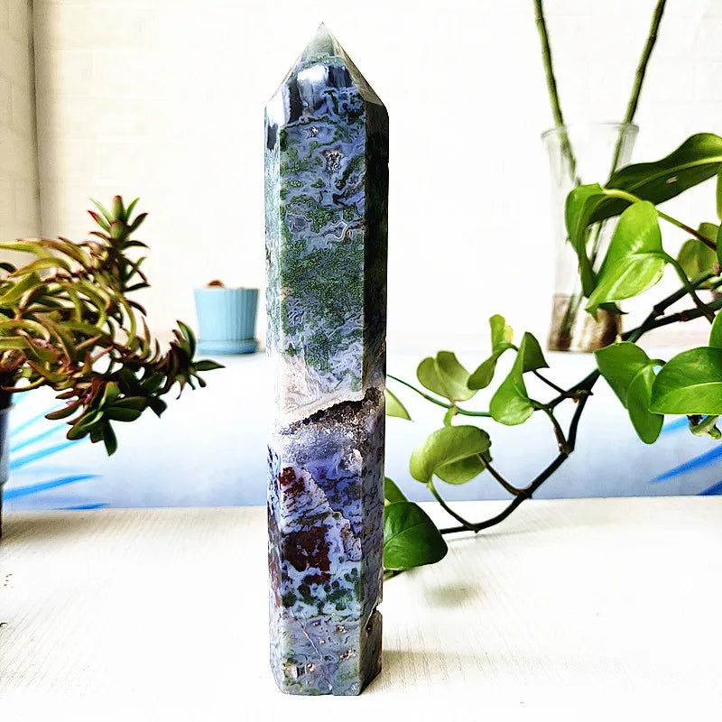 Big Natural Moss Agate Crystal Tower