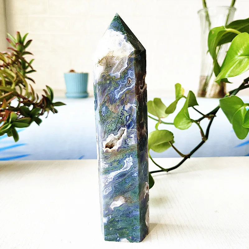 Big Natural Moss Agate Crystal Tower