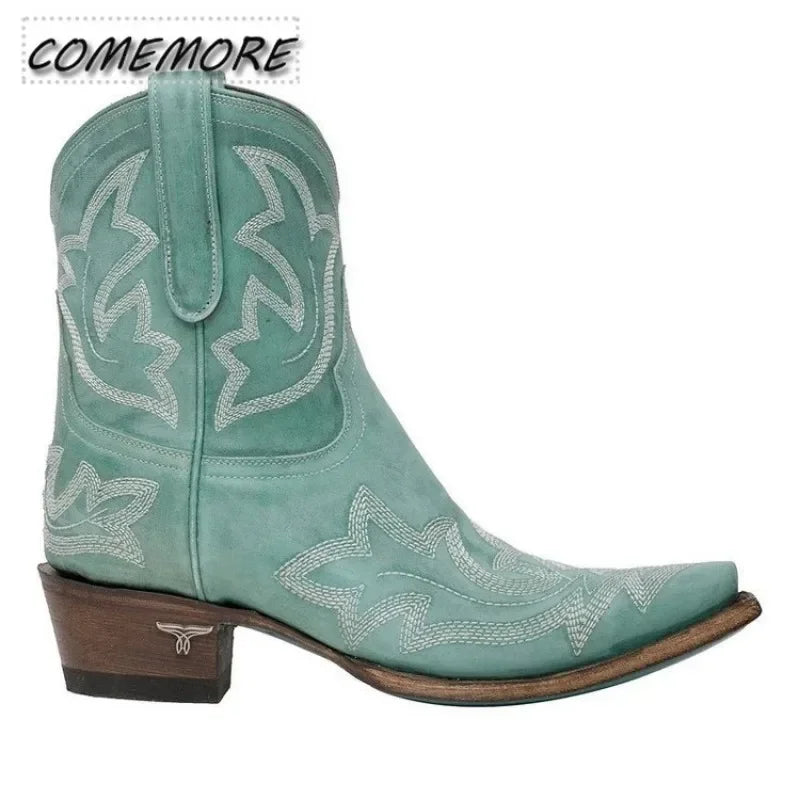Embroidery Leather Cowboy Ankle Boots