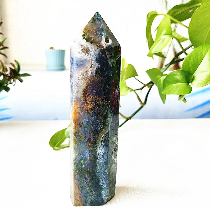 Big Natural Moss Agate Crystal Tower