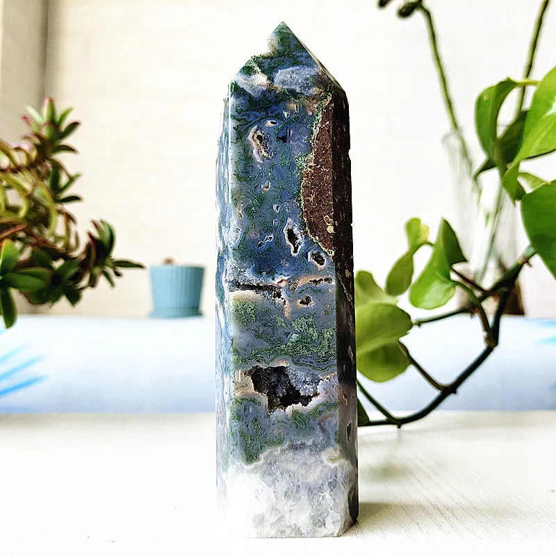 Big Natural Moss Agate Crystal Tower