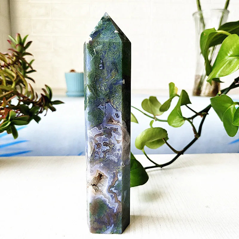 Big Natural Moss Agate Crystal Tower