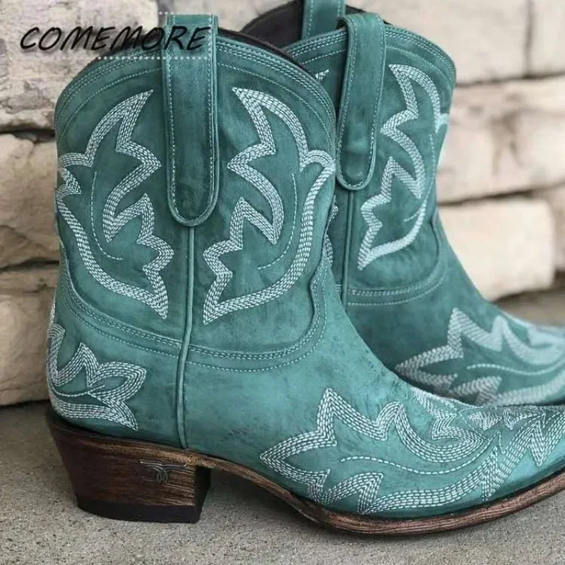 Embroidery Leather Cowboy Ankle Boots